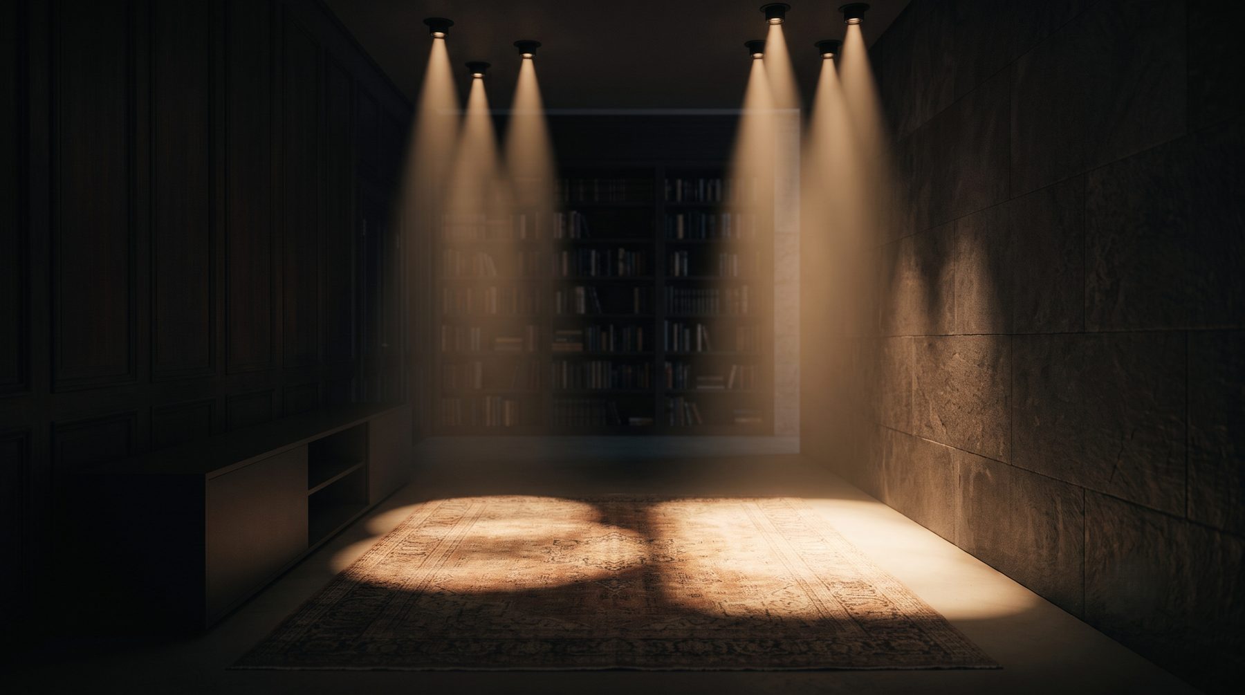 The lamps are small. The pools they cast on the floor are not. Something has been added on the way down that was never in the source.