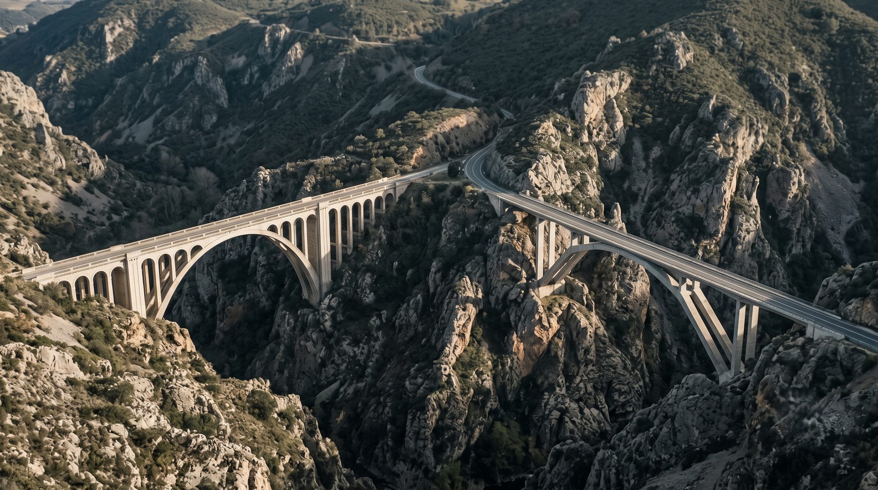 The span is not decoration. It exists because the two sides are not at the same height and something has to carry the crossing.